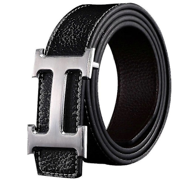 Ny Stil Business Fritid Ægte PU Læder H Glat Spænde Litchi Korn Bælte Til Mænd (FMY) Black   Silver