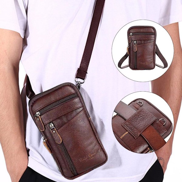 Læder Mobiltelefon Taske til Mænd, Bæltetaske, Crossbody, Midjetaske - Lager brown One-size