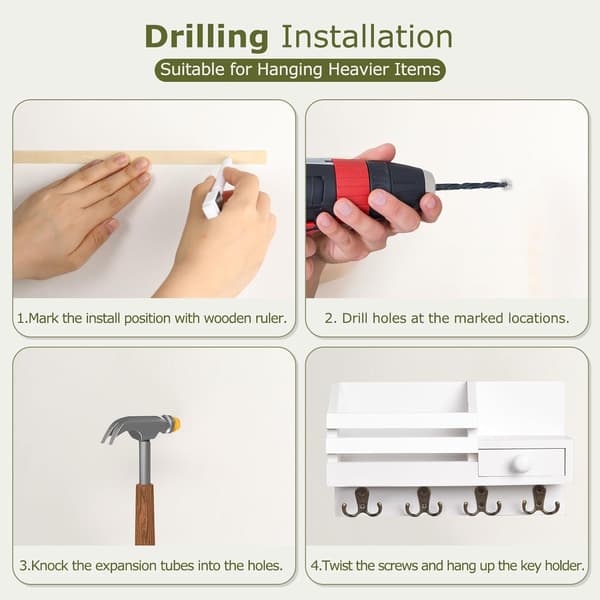 Wall Mounted Wooden Key Holder with Drawer, Small Shelf, 8 Hooks, Two Mounting Options, White.-FO-