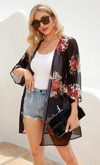 Kvinders blomstertryk pufærme kimono cardigan løs dækning afslappet bluse-FO-