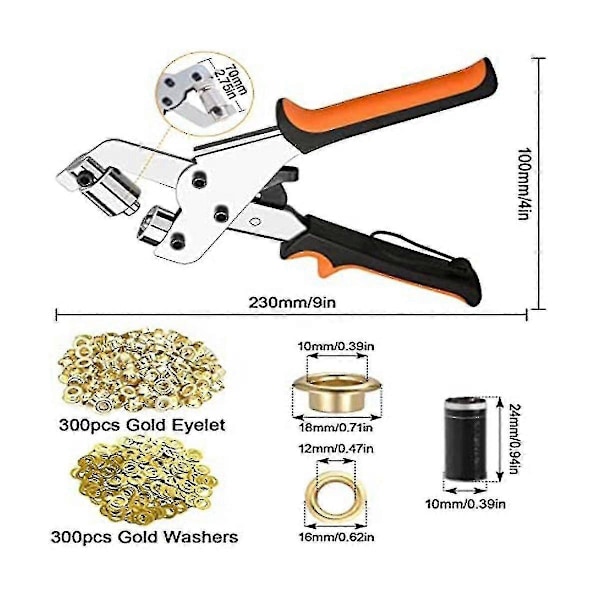 Öljettång för presenningar, öljetttångsset med 300 öljetter (diameter 10 mm), öljetttång 10 mm Fo [db]-LP-