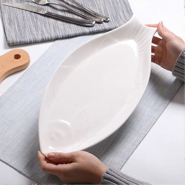 Serving Dish Ceramic Fish Tray Serving Plate Personalized Ceramic Dinner Plate White 32.00X16.00X2.50CM-FO-