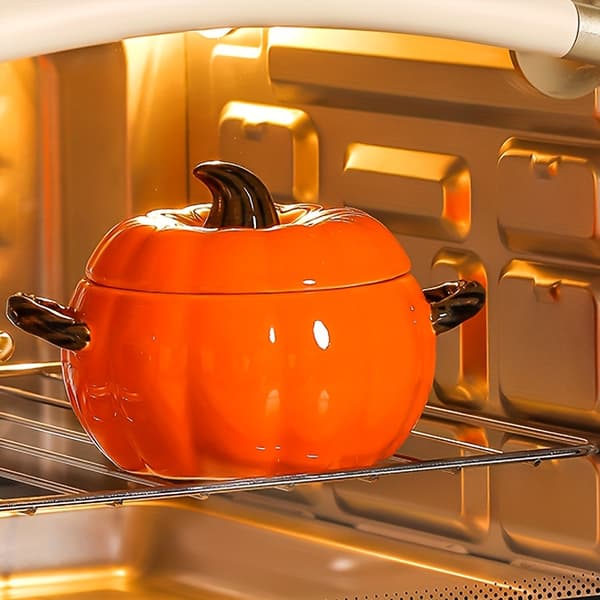 Keramisk gresskarskål med lokk og håndtak for suppe, godteri og høstdekor Medium