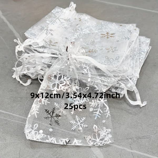Snöflingeorganzapåsar med dragsko för julbröllopssmyckesförpackningar 9x12cm(25pcs) White Snowflake