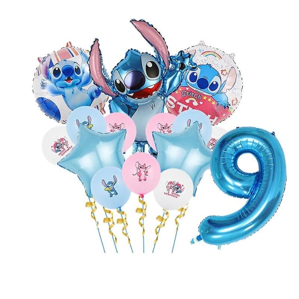 Blå Stitch födelsedagsfestdekorationer tecknad Lilo och Stitch tema bordsartiklar set koppar tallrikar ballong barnfesttillbehör (FMY) number balloon 9