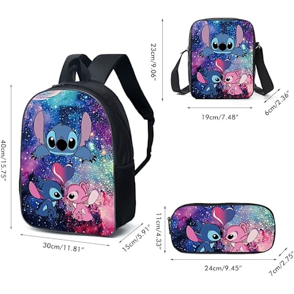 Stitch-reppu - 3 osainen lasten laukkusetti lounas- ja kynälaukulla kouluun, ulkoiluun, matkoille, leirintäalueelle