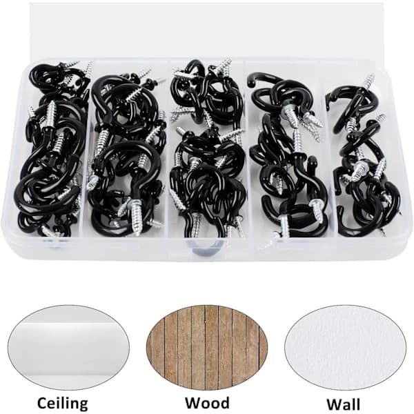 |HH| 90 pcs Black Ceiling Hooks Kit - 6 Sizes Vinyl Coated Screw Hooks for Hanging (1/2\", 5/8\", 3/4\", 7/8\", 1\", 1-1/4\")-FO-