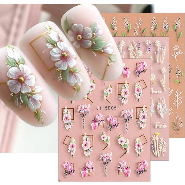 5D pregede blomsterblad Nail Art Stickers 3 ark