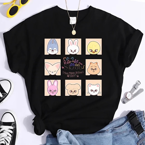 K-POP Stray Kids T-shirt Herr och Dam T-shirts Harajuku Y2K T-shirt Casual Sommar Kortärmade T-shirts för kvinnor TL3274-Svart L