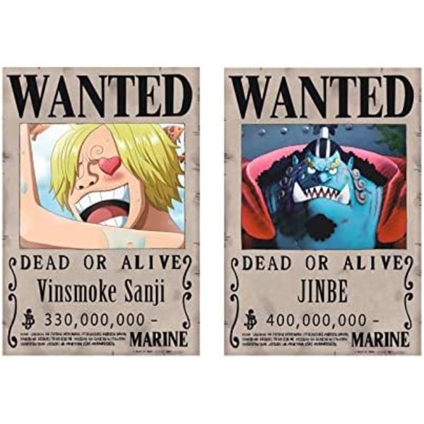 One Piece Wanted-plakater 28,5 cm × 19,5 cm, ny utgave, Luffy 1,5 milliarder, sett med 16 stk