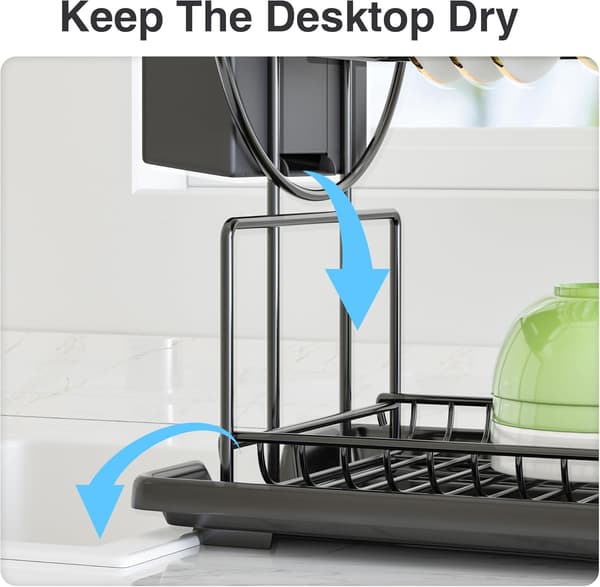 2-Tier Black Dish Drying Rack with Drainboard, Stainless Steel Dish Drainer