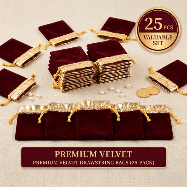Premium fløjlsposer med snoretræk og guldkant til smykker, bryllupper og festgaver Small 25PCS