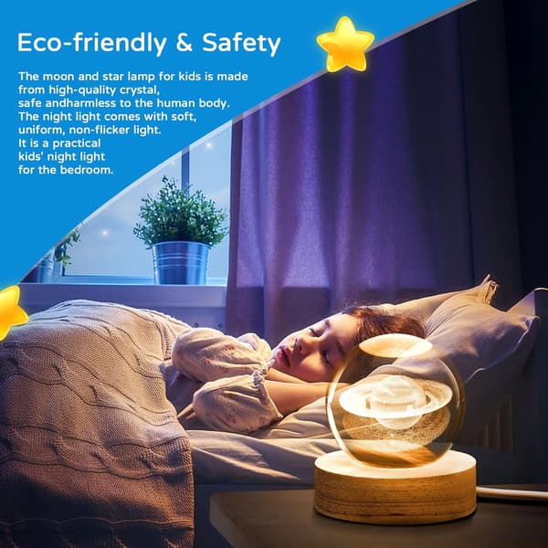 Saturn 3D Crystal Ball Kids Night Light with Wooden Base Galaxy Night Light Gift-FO-