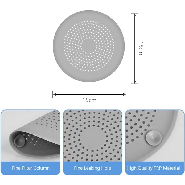 2 stk. silikonesil til vask, silikonesil til hår, køkkenafløbsdæksel, sil med sugekop, grå og hvid