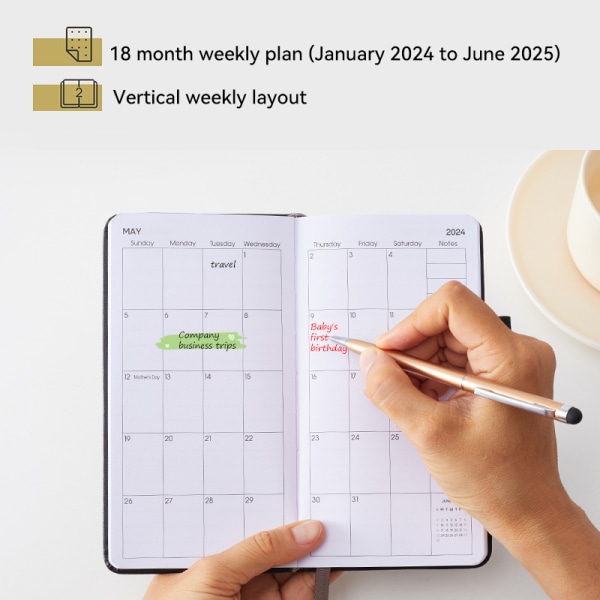 2024-2025 Ugeplanlægger, ugentlig og månedlig - januar 2024 til juni 2025, A6 Kalender Skoleårsplanlægger, Indbundet, Lomme, - sort