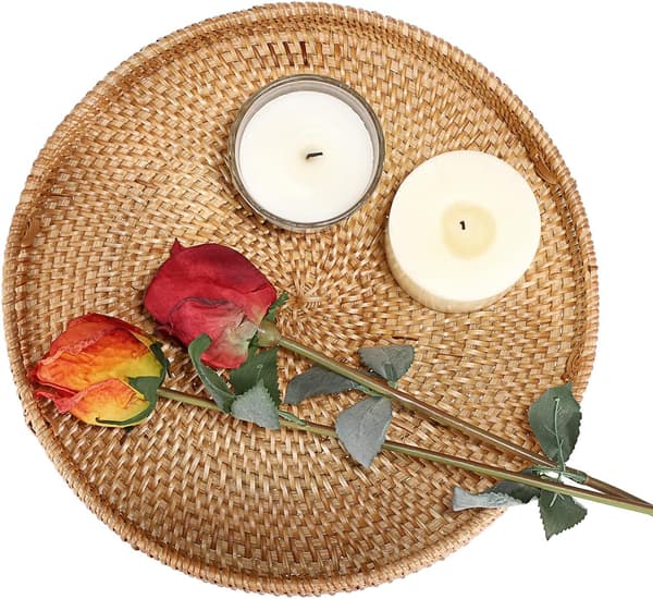 Round Woven Rattan Serving Tray with Handles for Coffee, Drinks, Breakfast, Tea, Candles-FO-