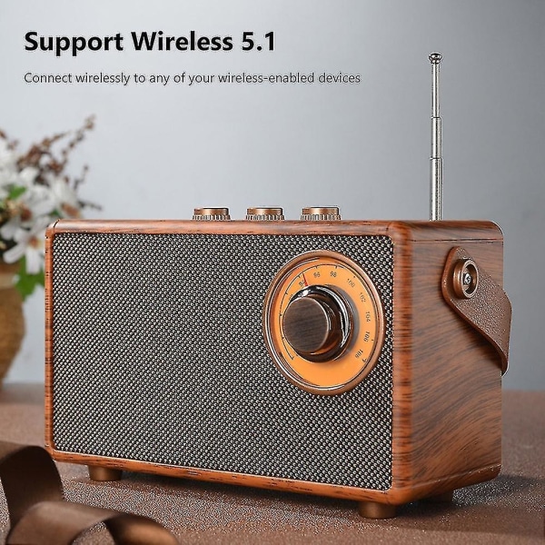 Retro FM-radio, portabel Bluetooth-radio i trä, bas-högtalare, handsfree MP3-spelare, stöder USB/TF-kort för bil