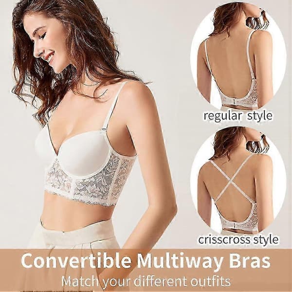 Women's Low Cut Push Up Deep V Backless Bra Lace Underwire Convertible Bra White 36DD White{YDE}-FO-