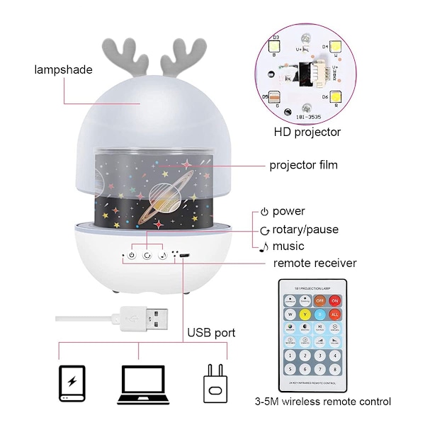 Stjernehimmelprojektorlampe til børn, LED musik natlys projektor
