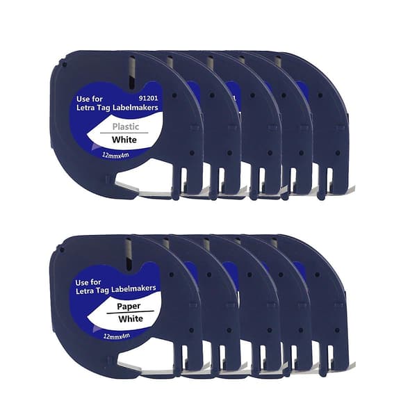 10 Maker-refiller til Letratag-refiller 12 mm x 4 m hvid plasttape til Letra Tag Plus Maker-FO-