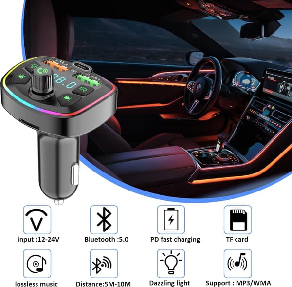 Bluetooth 5.0 bil FM-sender med håndfri samtale og doble USB-ladere-FO-