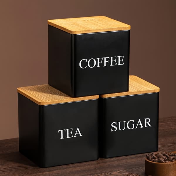 Metallförvaringsburksset för kaffebönor, socker och te, köksorganisation 3pcs/set, Blk