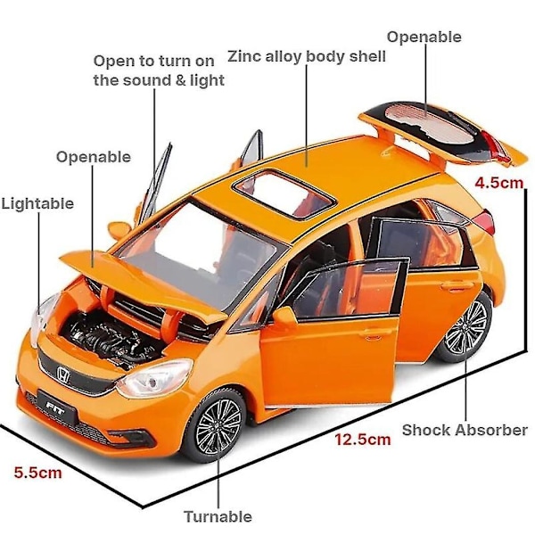 1/32 Honda Fit Jazz Sport Leluauto Painevalettu Pienoiskoossa Maastoauto Vedä Takaisin Ovet Avattavat Ääni & Valo Keräily Lahja Pojalle Lapsille-LP- HONDA FIT 4