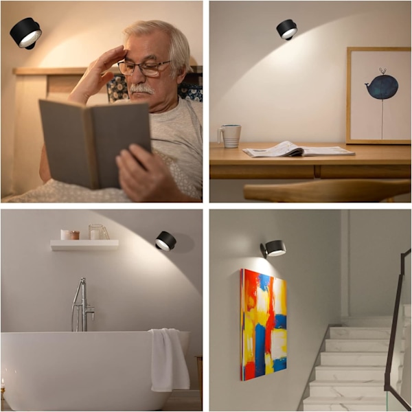 Sladdlös vägglampa, LED-vägglampa med uppladdningsbart batteri, touchkontroll med 3 färgtemperaturer och 3 ljusstyrkenivåer, 360° roterbar black