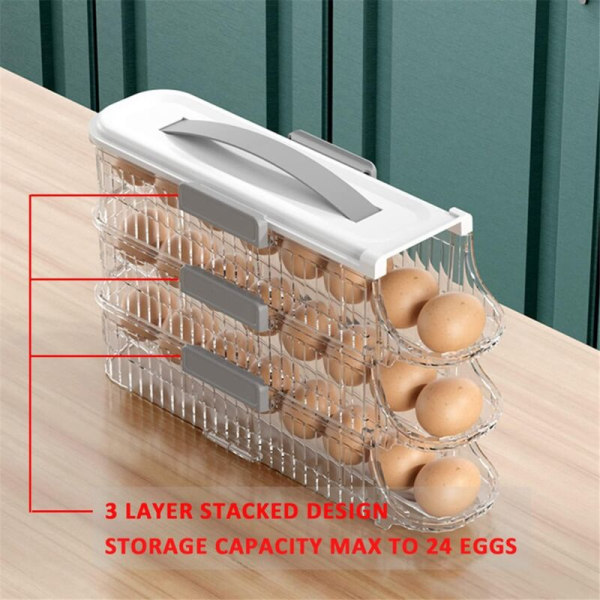Eggbeholder for kjøleskap, automatisk rullende eggorganisator, 3-lags stabelbar eggbrett, kjøleskapsoppbevaring for egg, rommer 21 egg