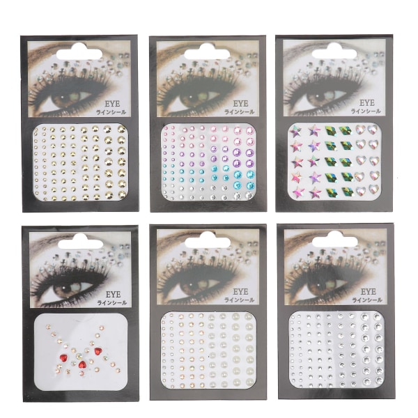 6 ark Kroppssmycken Ansikte Ädelstenar Delicate Eye Stickers Ögon Ansikts Rhinestones Dekal Glitter Ögon Rhinestones Sticker Ögon Juveler