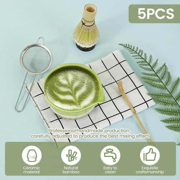 Keraaminen teesetti, sisältää matcha-kulhon, matcha-vispilätelineen ja matcha-vispilän, 5-osainen setti monivärinen multicolor