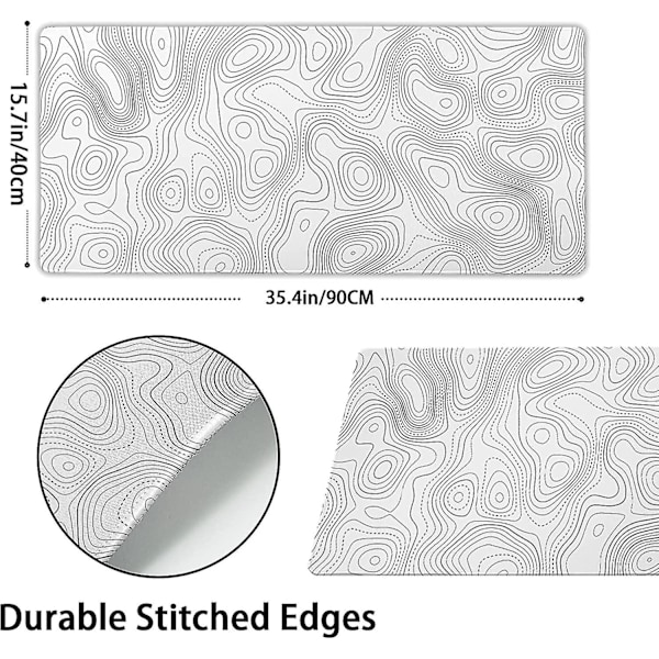 Topografisk Kontur Vit Spelmusmatta XXL Geografiska Kartlinjer Utökad Stor Stor Skrivbordsmatta Halksäker Gummibas Sydd Kant Lång Tangentbord Mus