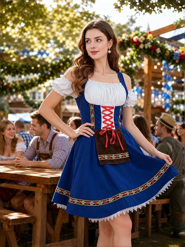 Dam Dirndl Klänning Oktoberfest Bayersk Kostym för Festival och Karneval M Blue