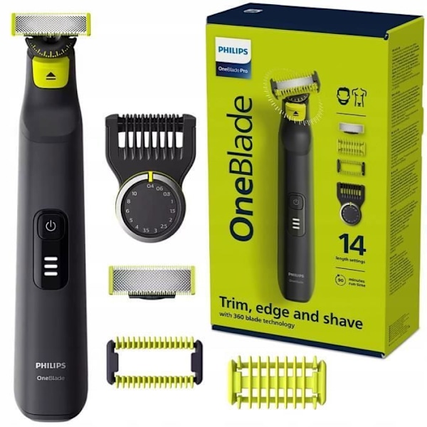 Hybridrakhyvel - Philips - OneBlade PRO 360 QP6541/15 - 360° blad - 14 längders kam - Fodral ingår