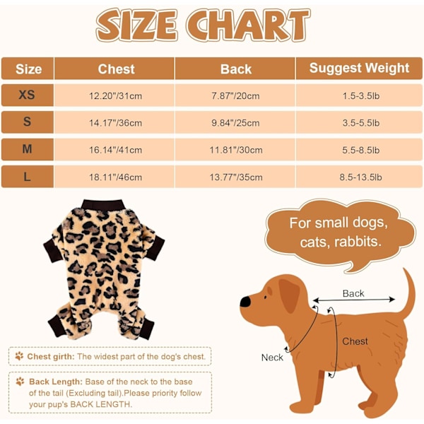 Leopard Hundtrøye Hund Overalls - Vinter Fleece Valpekjole for Små Hunder Jente Gutt Varm Liten Hund Pyjamas Hund Antrekk -S