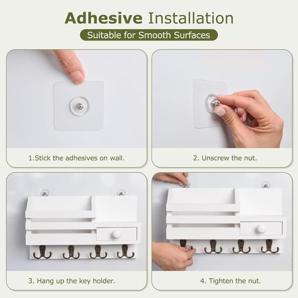 Wall Mounted Wooden Key Holder with Drawer, Small Shelf, 8 Hooks, Two Mounting Options, White.-FO-