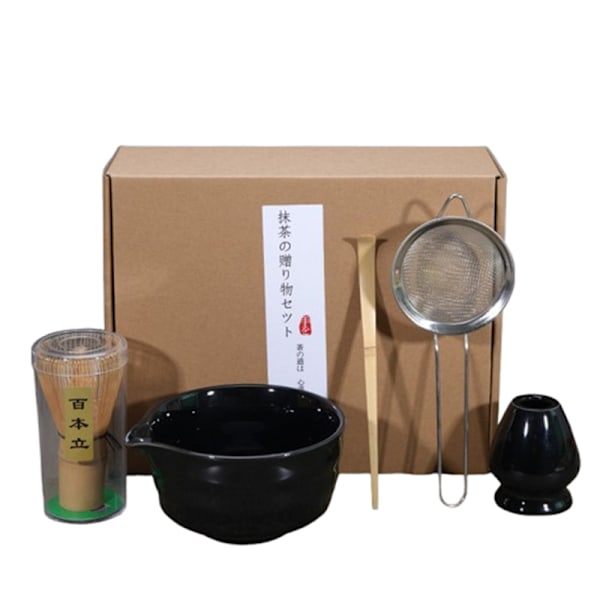 Keraaminen teesetti, sisältää matcha-kulhon, matcha-vispilätelineen ja matcha-vispilän, 5-osainen setti musta black