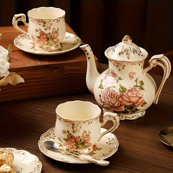 Keramisk tekop og underkop-sæt med skeer, vintage blomstrede tekopper til kvinder 19pcs