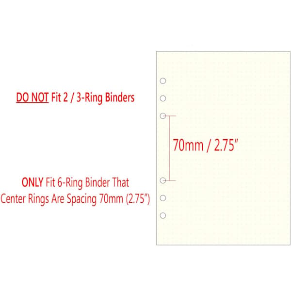 A5 6-hole ring binder/planner refill paper for Filofax, 6 holes, 45 sheets/90 pages, dotted-FO-