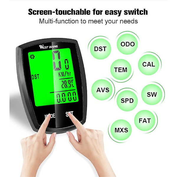Trådlös cykelhastighetsmätare Vattentät Trådlös cykelcomputer Cykelmätare med LCD-display och multifunktion Svart
