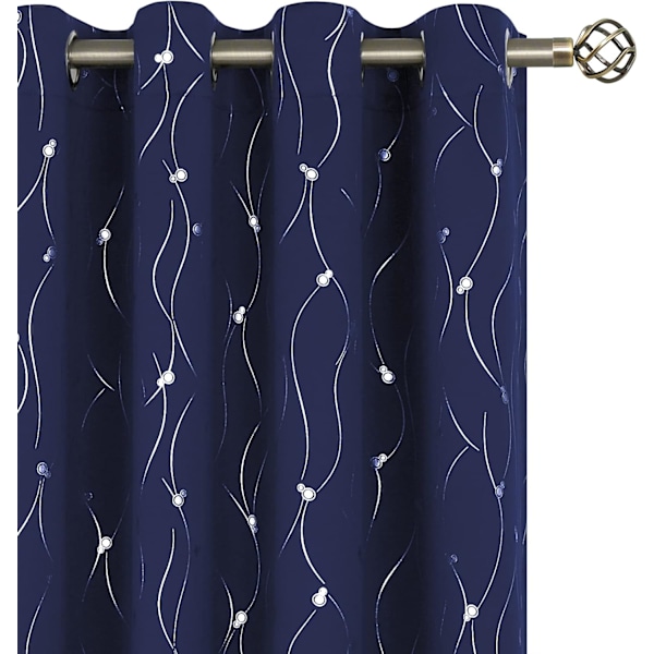 Tumman Siniset Pimennysverhot 213 cm Pitkät, 2 Paneelia, Purjerenkaat, Eristetyt Huoneen Pimennysverhot Aaltoilevalla Viiva- ja Piste Kuviolla Makuuhuoneeseen, 132 x 213 cm