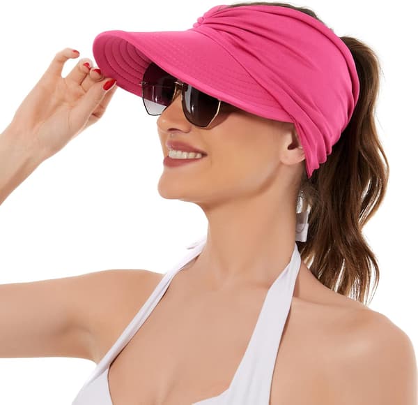 Solhatte til kvinder UV-beskyttelse Solskærm Bred Skygge Sommerhatte med hestehale-FO- Rose Red
