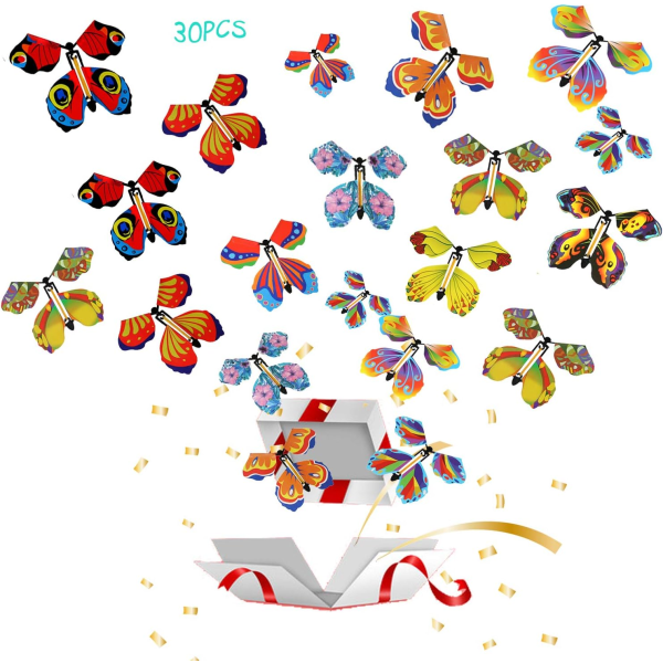 30 stk magiske flygende sommerfugler, flygende leketøy med urverk, gummibåndsdrevne sommerfuglleker, bokmerke og gratulasjonskort, overraskelsesgave