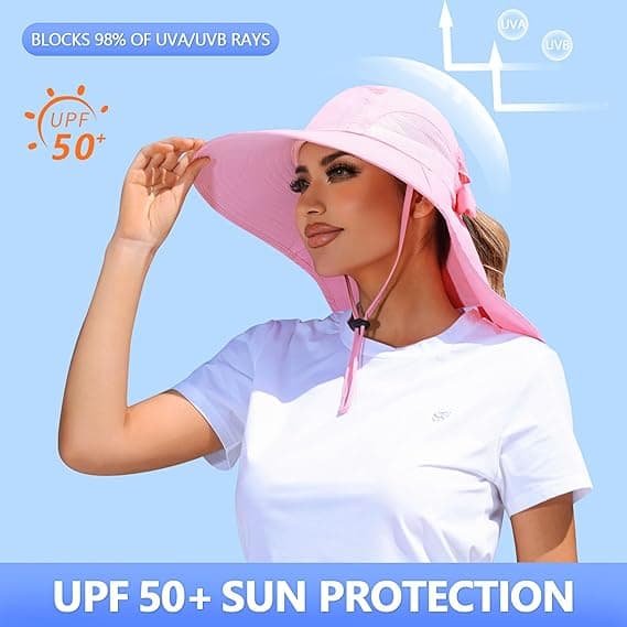 Dam solhatt UV-skydd bred brätte fiskehatt med hästsvanshål nackskydd-FO- Pink