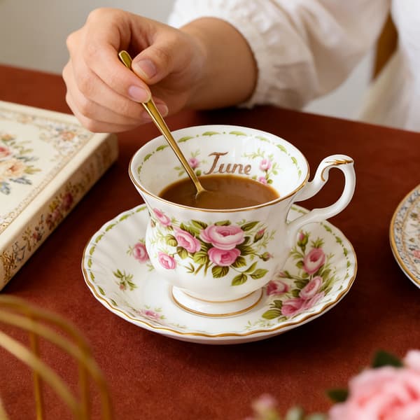 Elegant blommig tekopp och fat i keramik för afternoon tea och presenter May