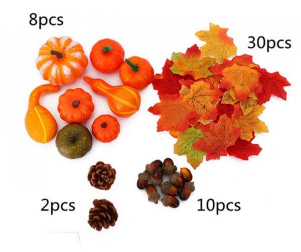 Sæt med kunstige græskar og efterårsblade til borddekoration til efterår og Thanksgiving