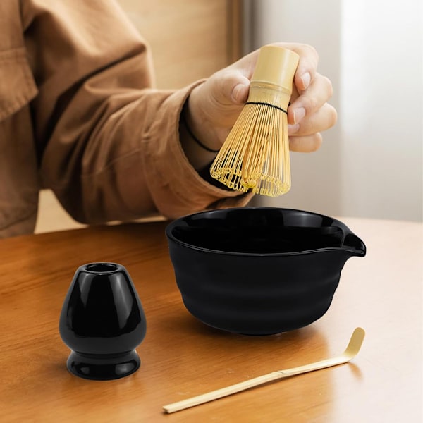 Keramisk teservis, inklusive matchaskål, matcha visphållare och matchavisp, 5-delars set svart‘-XT- black