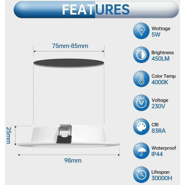 Set med 10 LED-innfelte spotlights 5W IP44 98mm, Nøytral Hvit 4000K Vanntett innfelt belysning 450lm, Ekstra flat LED-spotlight 25mm, 230V takspotlights for baderom Stue Kjøkken, Hull 70-88m