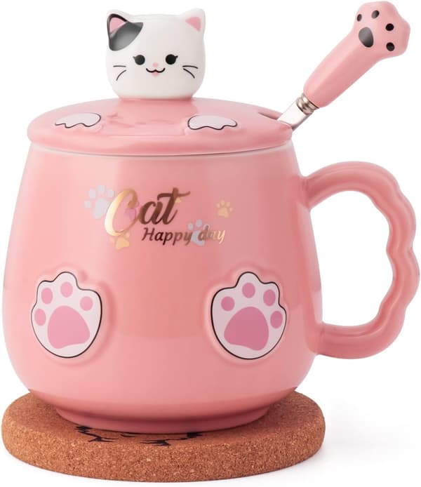 Söt kattmugg, nyhet keramisk kaffe te mjölkkopp med härligt kattlock, Kawaii-FO-