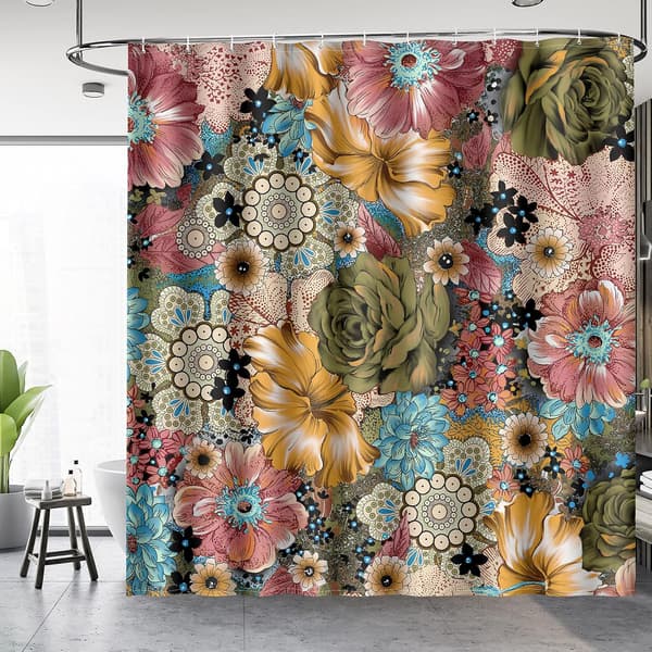 Boho Blomstret Badeforhæng med Flerfarvede Blomsterprint, Etnisk Stil, Inkluderer 12 Kroge til Badeværelset, 183 x 183 cm